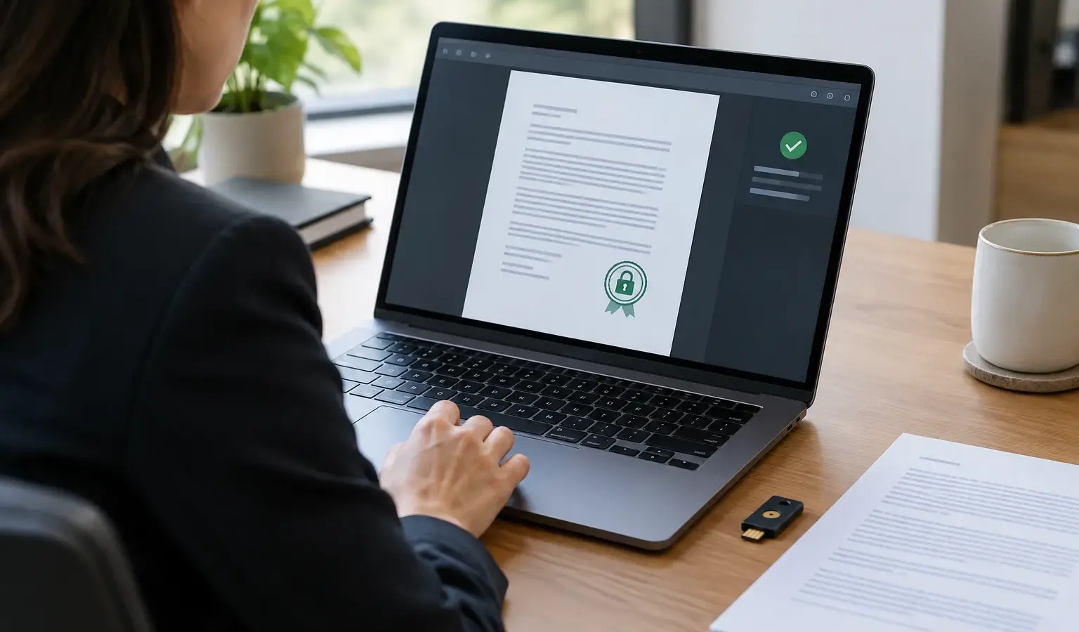 Un professionnel vérifie un document numérique sur un ordinateur portable, avec un document imprimé et une clé de sécurité sur le bureau.
