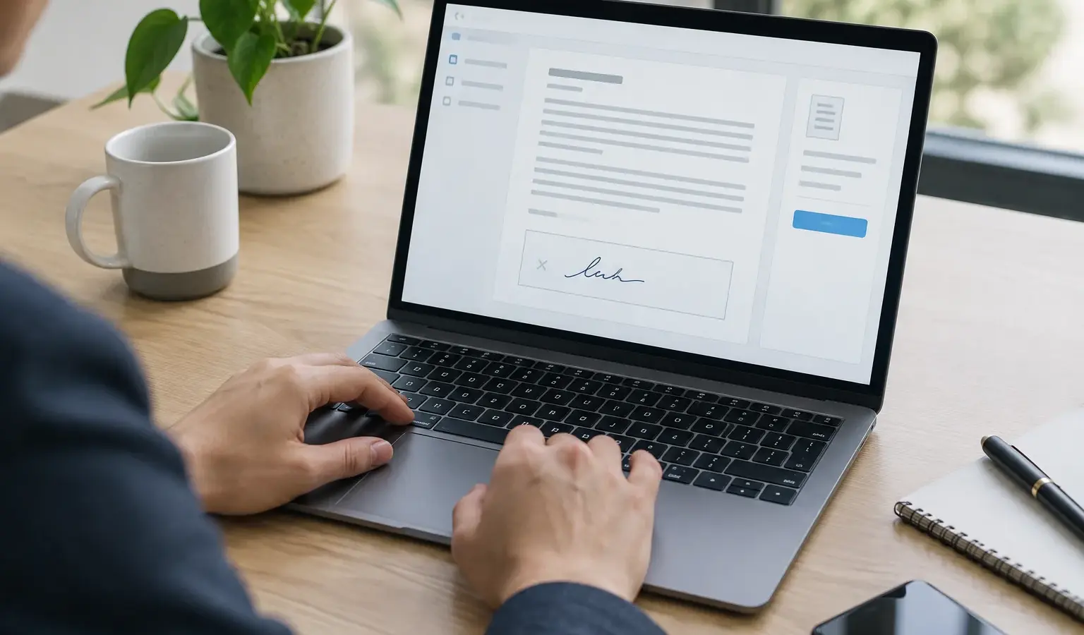 Une personne vérifie une demande de signature électronique sur un ordinateur portable.
