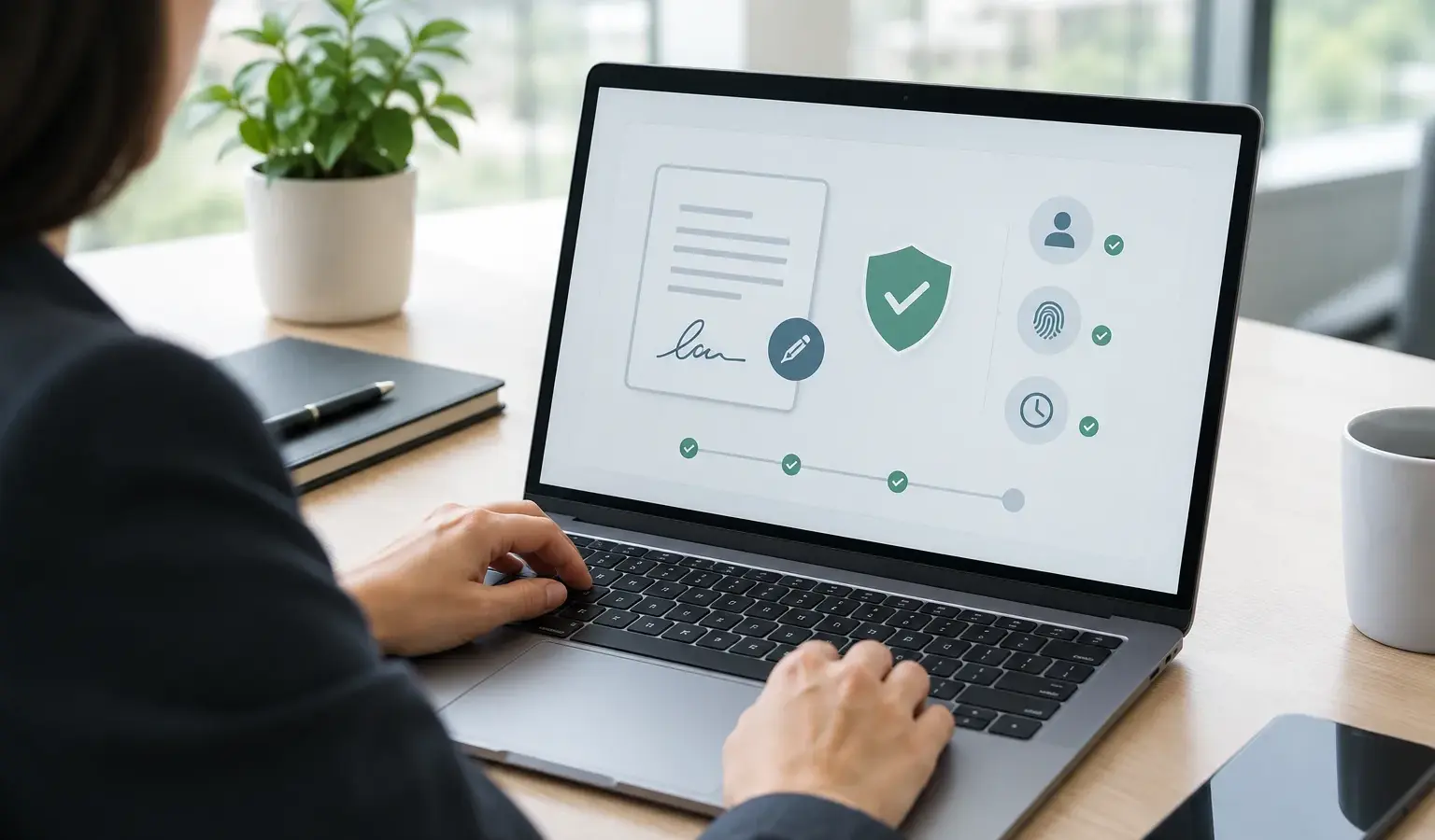 Un professionnel vérifie les informations d’un service de signature électronique sur un ordinateur.
