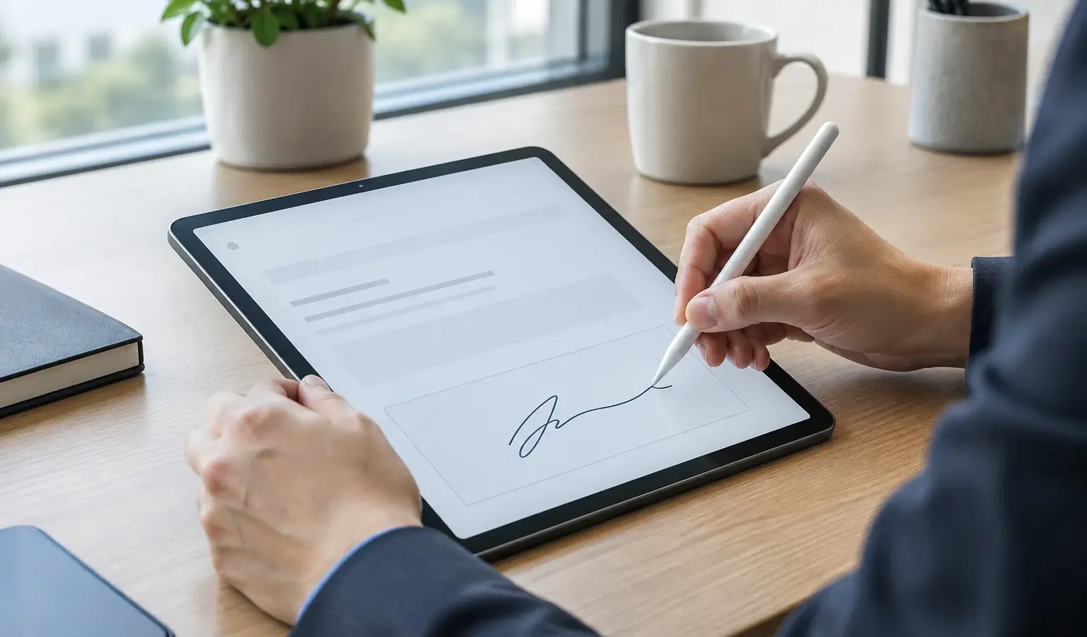 Des mains signent un document électronique sur une tablette posée sur un bureau.